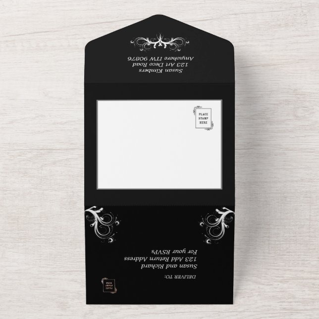 Invitación Todo En Uno Elegante triple blanco y negro con Boda Rsvp (Afuera)