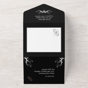 Invitación Todo En Uno Elegante triple blanco y negro con Boda Rsvp