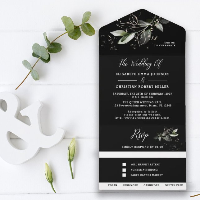 Invitación Todo En Uno Elegante vegetación Boda Botánico Negro todo en (Subido por el creador)