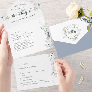 Invitación Todo En Uno Elegante vegetación, Boda floral azul turquesa bla