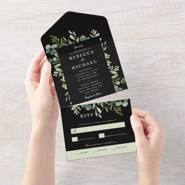 Invitación Todo En Uno Elegante Vegetación en Boda Negra (desgarro)