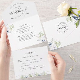 Invitación Todo En Uno Elegante vegetación y floral blanca y azul