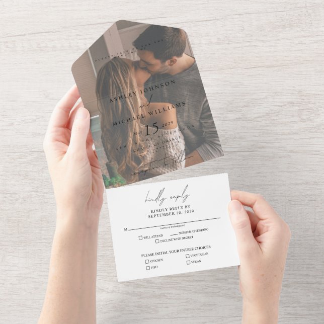 Invitación Todo En Uno Elegante Vellum Overlay Photo Wedding RSVP (desgarro)