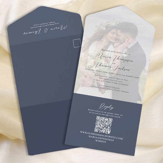 Invitación Todo En Uno Elegante Vellum Photo Overlay Slate Blue | Código  (Subido por el creador)
