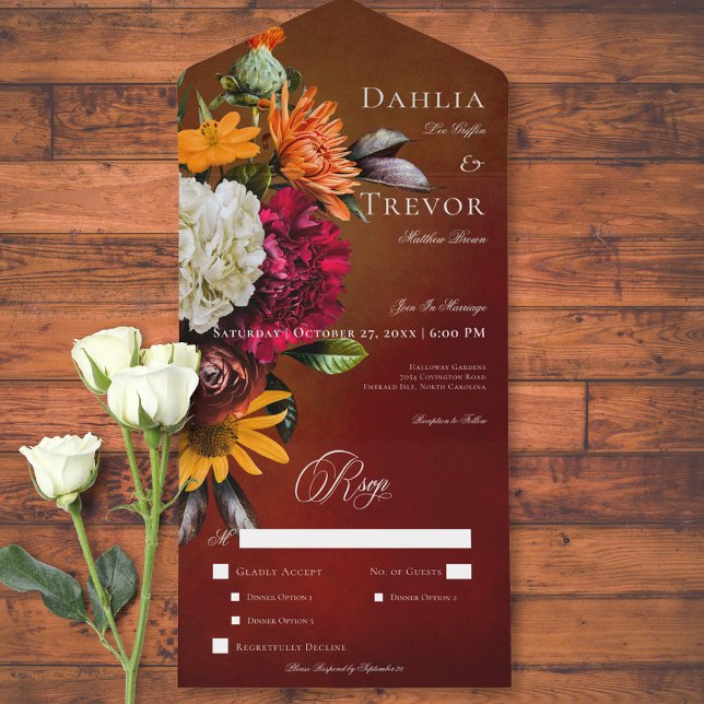 Invitación Todo En Uno Elegante verano oscuro atardecer cena floral (Dark Elegant Summer Sunset Floral Dinner All In One Invitation)