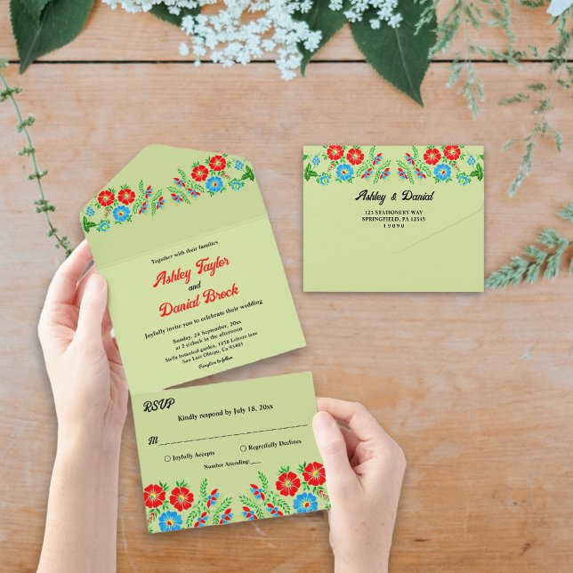 Invitación Todo En Uno Elegante verde azul Roses Roses Roses Floral Boda (Subido por el creador)