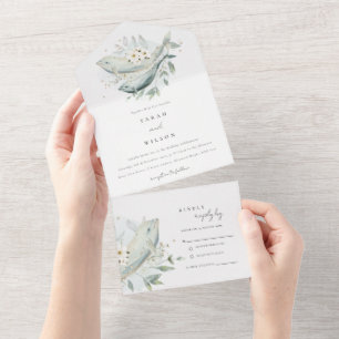Invitación Todo En Uno Elegante Verde azulado Boda de pescado floral suba