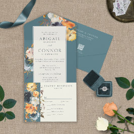 Invitación Todo En Uno Elegante Verde azulado Terracota Navy Boho Floral
