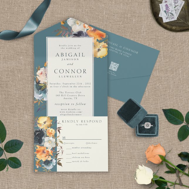 Invitación Todo En Uno Elegante Verde azulado Terracota Navy Boho Floral (Subido por el creador)