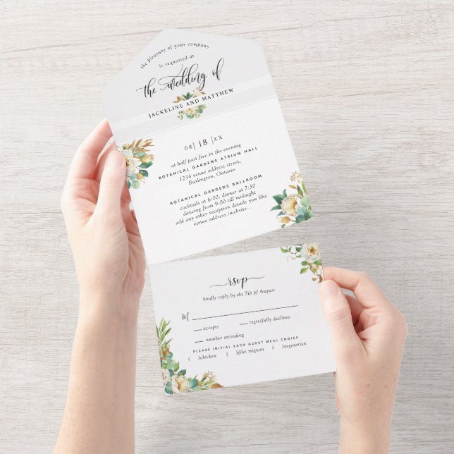 Invitación Todo En Uno Elegante verde Boda amarillo con RSVP Perforado (desgarro)