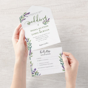 Invitación Todo En Uno Elegante verde Lavender Calligraphy Boda
