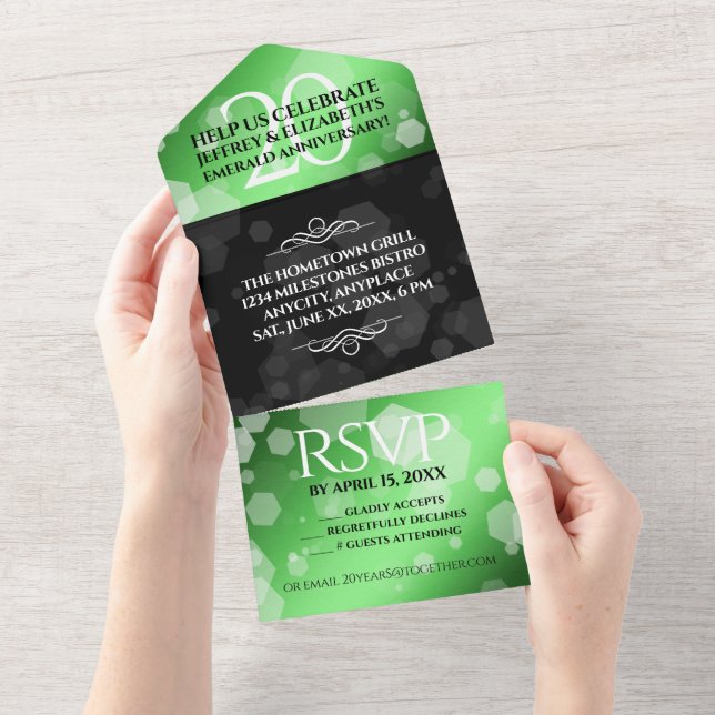 Invitación Todo En Uno Elegante vigésimo aniversario de bodas de esmerald (desgarro)
