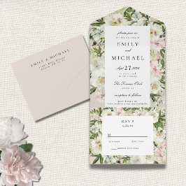 Invitación Todo En Uno Elegante White Rubor Peony Garden Wedding