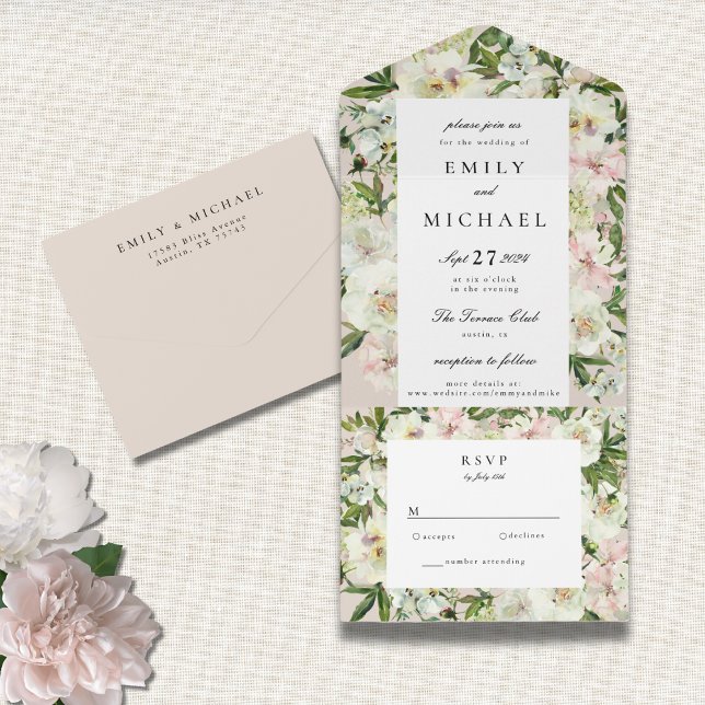 Invitación Todo En Uno Elegante White Rubor Peony Garden Wedding (Subido por el creador)