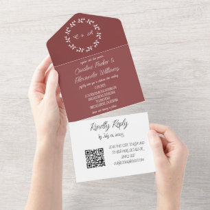 Invitación Todo En Uno Elegante Wine Burgundy Script Moderno RSVP Código