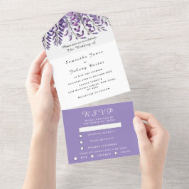 Invitación Todo En Uno Elegante Wisteria Watercolor Púrpura Lilac Boda