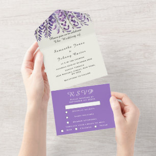 Invitación Todo En Uno Elegante Wisteria Watercolor Púrpura Lilac Boda