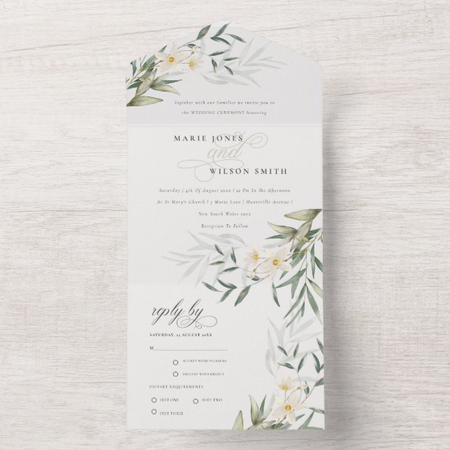 Invitación Todo En Uno Elegante y elegante Boda floral de vegetación blan (Interior)