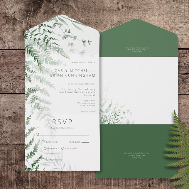 Invitación Todo En Uno Elegante y elegante cena de helados de vegetación (Elegant Delicate Greenery Ferns All In One Wedding Invitation with Dinner Options)