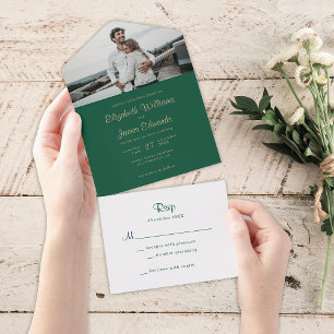 Invitación Todo En Uno Elegante y simple Boda de fotos de oro verde esmer