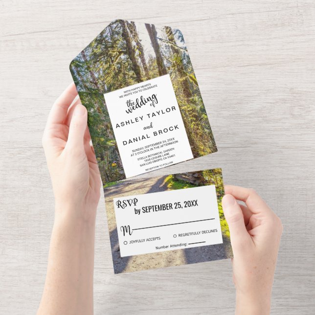 Invitación Todo En Uno Elegantes árboles de bosque Boda de fotos al aire  (desgarro)