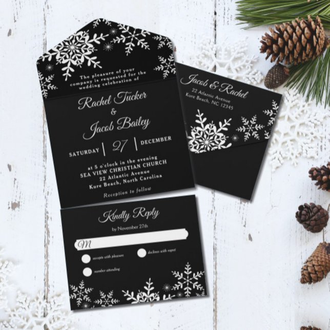 Invitación Todo En Uno Elegantes copos de nieve Boda de Invierno Blanco y (Subido por el creador)