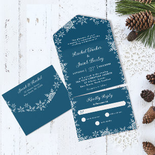 Invitación Todo En Uno Elegantes copos de nieve Boda Navidades azules osc