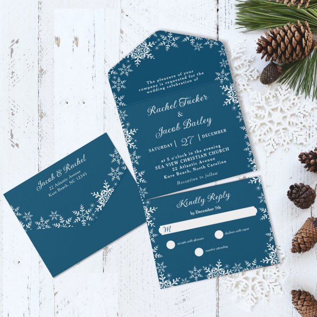 Invitación Todo En Uno Elegantes copos de nieve Boda Navidades azules osc (Subido por el creador)
