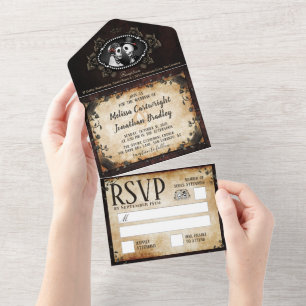 Invitación Todo En Uno Elegantes esqueletos góticos Bodas marrones