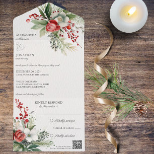 Invitación Todo En Uno Elegantes flores de invierno, Berries y código QR