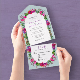 Invitación Todo En Uno Elegantes flores rosadas y púrpuras para boda de p
