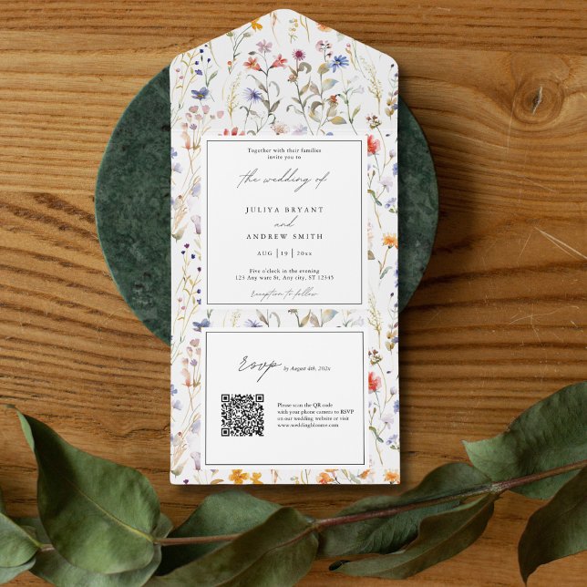 Invitación Todo En Uno Elegantes flores silvestres boda de código RSVP QR (Subido por el creador)