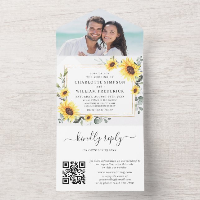 Invitación Todo En Uno Elegantes girasoles Eucalyptus Greenery Boda QR (Interior)