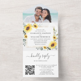 Invitación Todo En Uno Elegantes girasoles Eucalyptus Greenery Boda QR