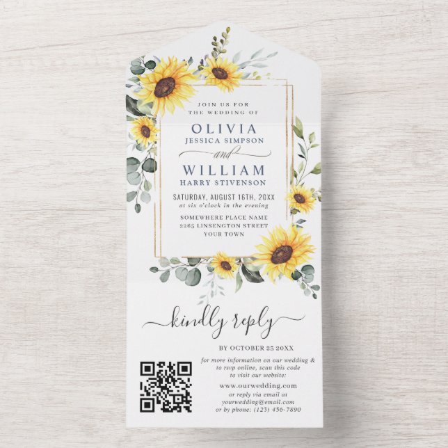 Invitación Todo En Uno Elegantes girasoles Eucalyptus Greenery Boda QR (Interior)