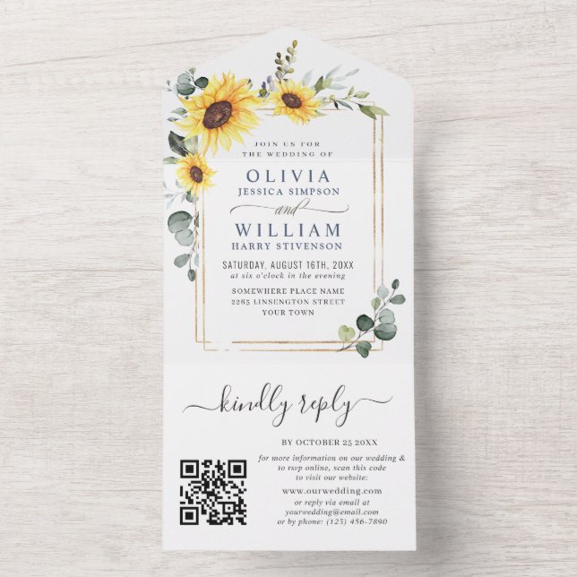 Invitación Todo En Uno Elegantes girasoles Eucalyptus Greenery Boda QR (Interior)