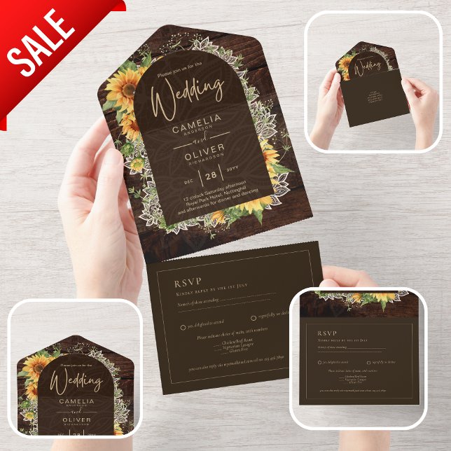 Invitación Todo En Uno Elegantes girasoles rústicos y bodas de encaje inv (Subido por el creador)