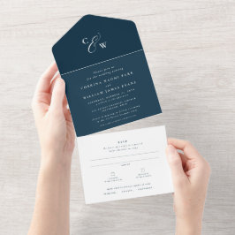 Invitación Todo En Uno Elegantes iniciales simple boda azul marino