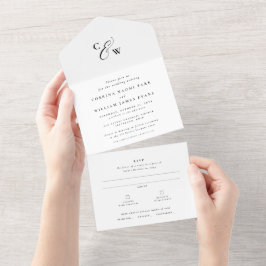 Invitación Todo En Uno Elegantes iniciales simple boda blanco y negro