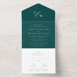 Invitación Todo En Uno Elegantes iniciales simple boda verde azulado oscu