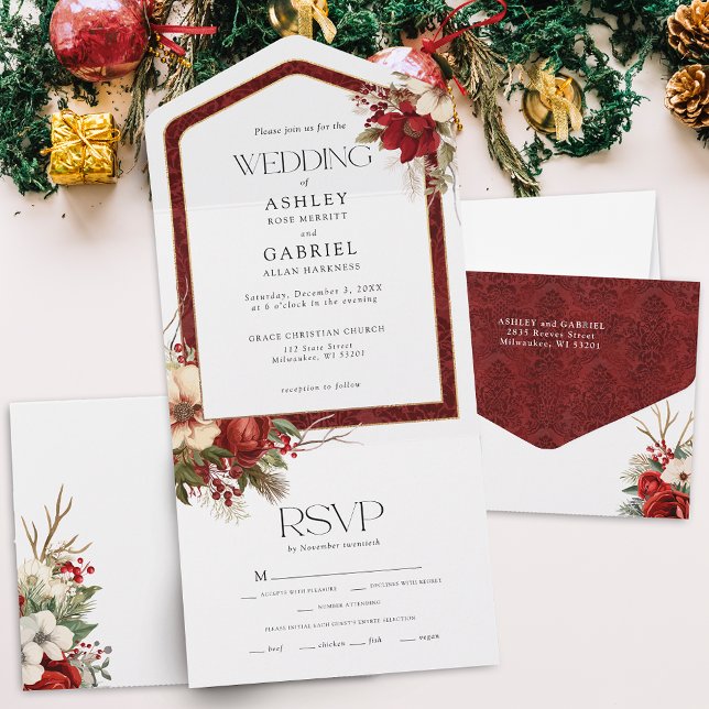 Invitación Todo En Uno Elegantes Navidades Red Damask Floral (Subido por el creador)