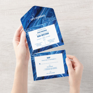 Invitación Todo En Uno Elegantes olas de océano azul Bar Mitzvah