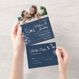 Invitación Todo En Uno Elegantes orquídeas boda floral azul prusiano