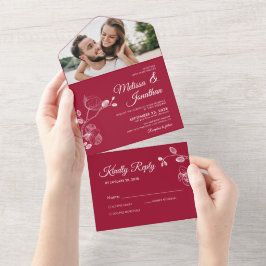 Invitación Todo En Uno Elegantes orquídeas crimson boda floral rojo