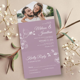Invitación Todo En Uno Elegantes orquídeas polvorientas boda floral morad
