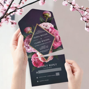 Invitación Todo En Uno Elegantes Peonies Marco dorado Boda moderno