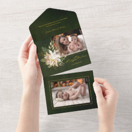 Invitación Todo En Uno Elegantes poinsettias blancas con verde dorado Fot