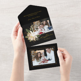 Invitación Todo En Uno Elegantes poinsettias blancas con verde dorado fot