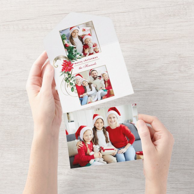 Invitación Todo En Uno Elegantes Poinsettias y Oro Scrolls 2-Photo (desgarro)