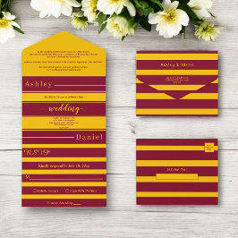 Invitación Todo En Uno Elegantes rayas de borgoña y dorado Boda de lujo